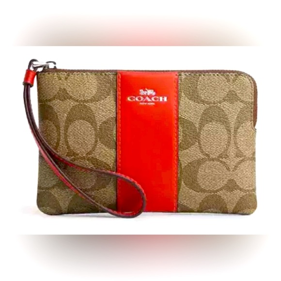 COACH Corner Zip Wristlet Signature Canvas W/ Red Stripe - NEW W/ TAGS MSRP: $88 - Picture 1 of 5